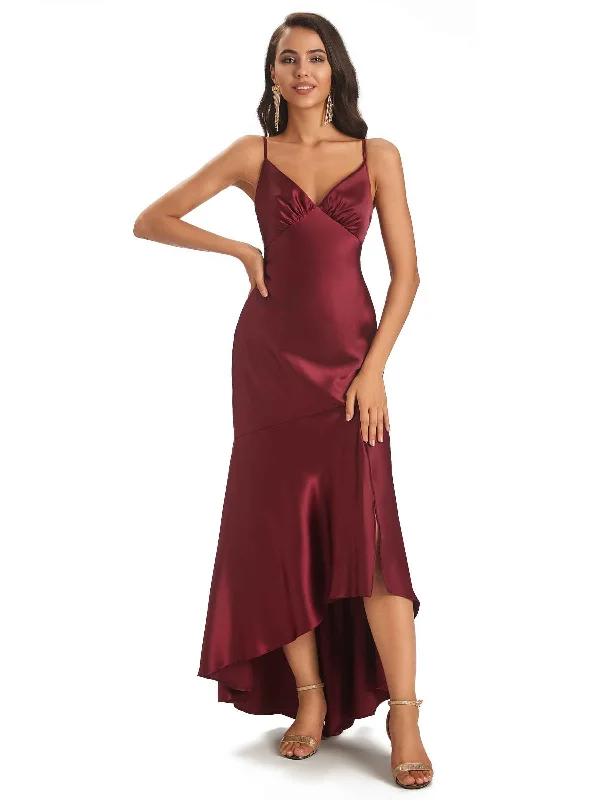 Spaghetti Straps Asymetric Sheath Soft Satin Side Slit HIgh Low Bridesmaid Dresses