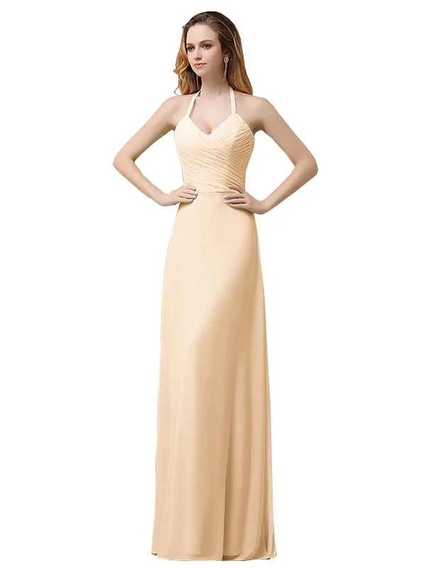 Halter Chiffon A-line Sleeveless Floor-Length Long Bridesmaid Dresses