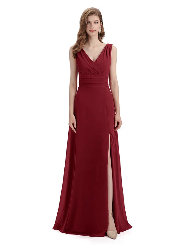 Elegant Sleeveless V-Neck Side Slit Floor-Length Long Bridesmaid Dresses