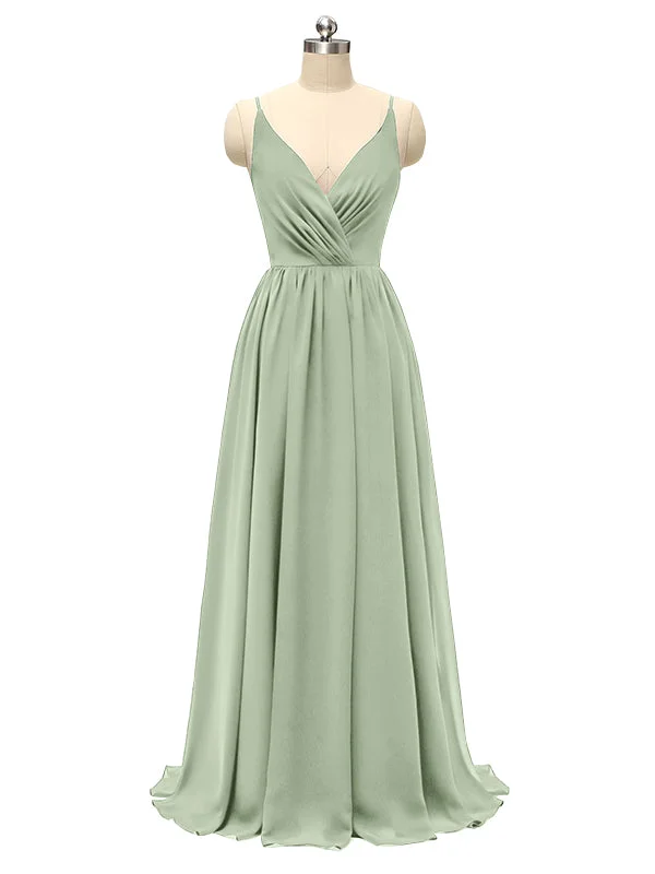 Elegant Spaghetti Straps V Neck Chiffon Floor Length Bridesmaid Dresses