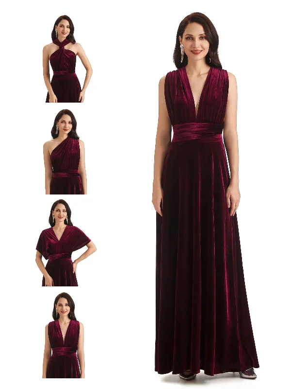 Convertible Sexy A-Line Velvet Long Bridesmaid Dresses Online