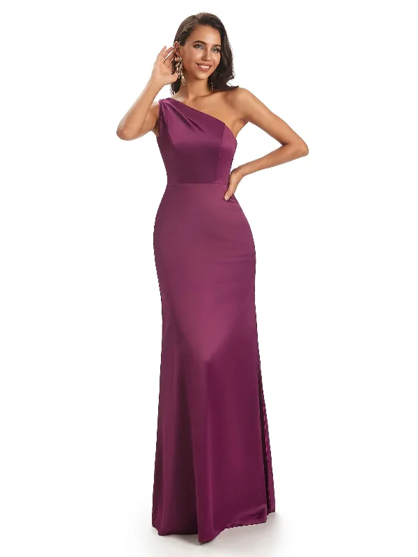 Sexy Soft Satin Side Slit Sheath One Shoulder Modern Mermaid Bridesmaid Dresses