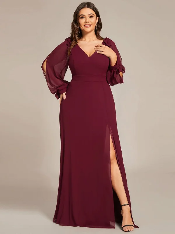 Custom Size Double V-Neck High Slit Long Sleeve Formal Dresses