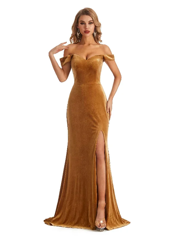 Elegant Mermaid Off the Shoulder Side Slit Velvet Long Bridesmaid Dresses