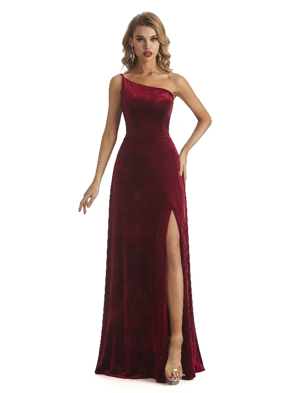 Elegant Mermaid One Shoulder Side Slit Velvet Long Bridesmaid Dresses