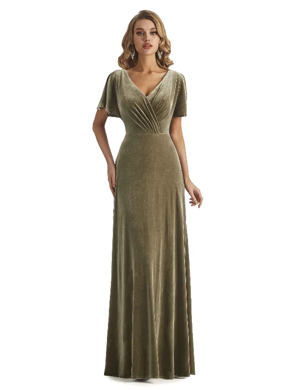 Elegant Mermaid V-neck Short Sleeves Unique Velvet Long Bridesmaid Dresses