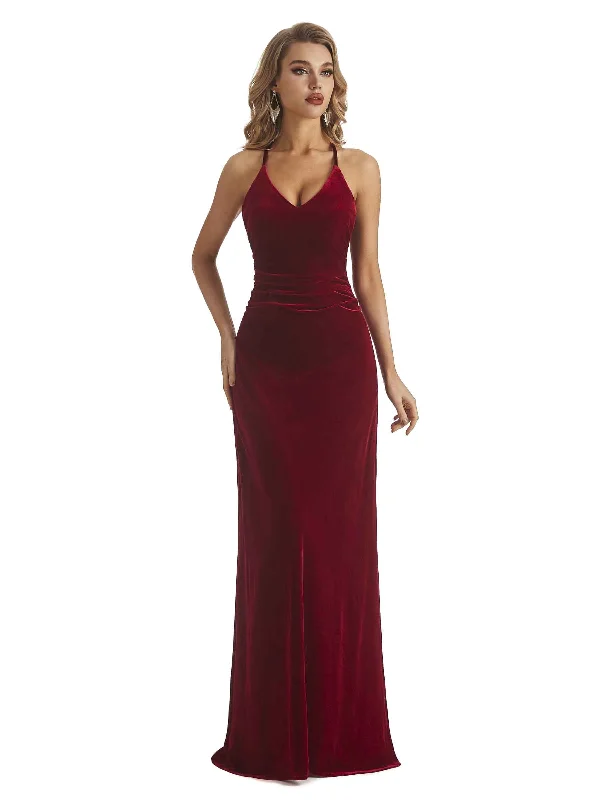 Elegant Mermaid V-neck Halter Velvet Long Wedding Party Dresses Online