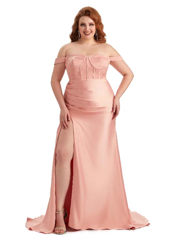 Plus Size Elegant Off The Shoulder Side Slit Mermaid Soft Satin Long Bridesmaid Gowns