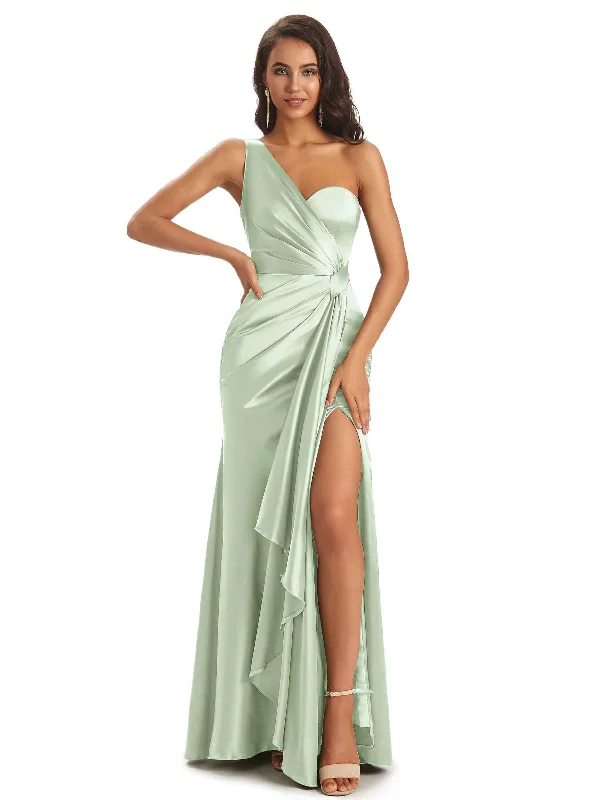 Elegant Soft Satin Side Slit One Shoulder Unique Mermaid Bridesmaid Dresses Online For Wedding