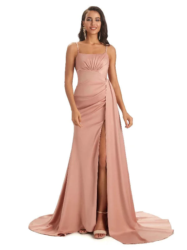 Soft Satin Side Slit Spaghetti Straps Sexy Unique Bridesmaid Dresses Online