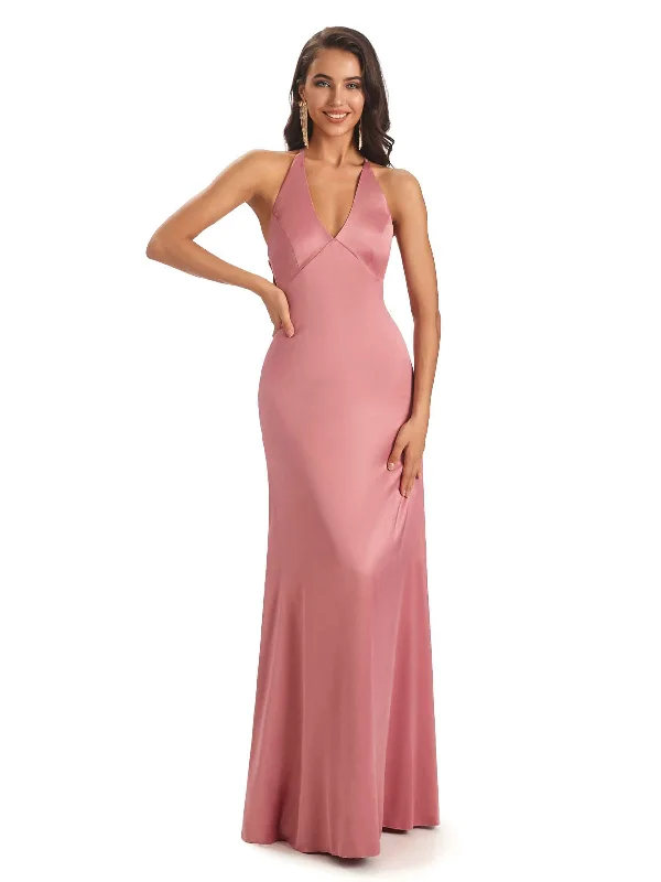 Modern Soft Satin V-neck Halter Sexy Unique Bridesmaid Dresses Online