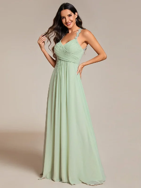 Floral Halter Neck Pleated Backless Bridesmaid Dress in Chiffon