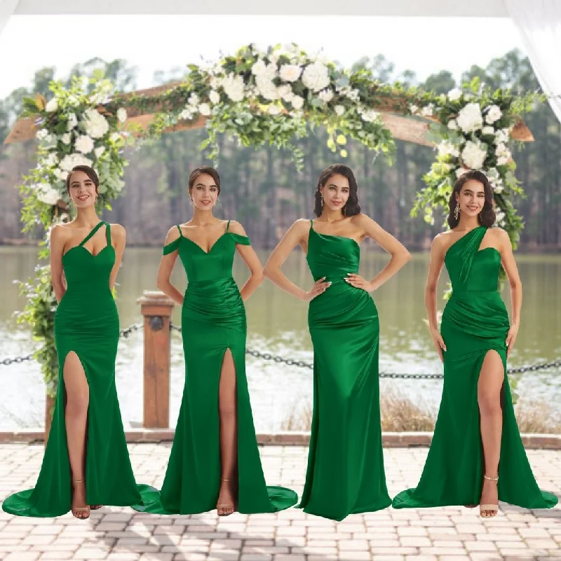 Green Sexy Chic Silky Mismatched Soft Satin Mermaid Long Bridesmaid Dresses Online