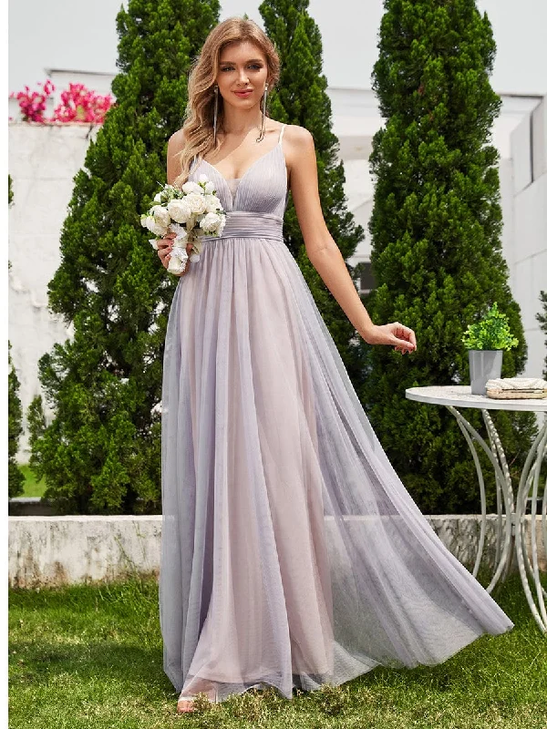 High-Waisted Backless See-Through Tulle Bridesmaid Dress with V-Neck