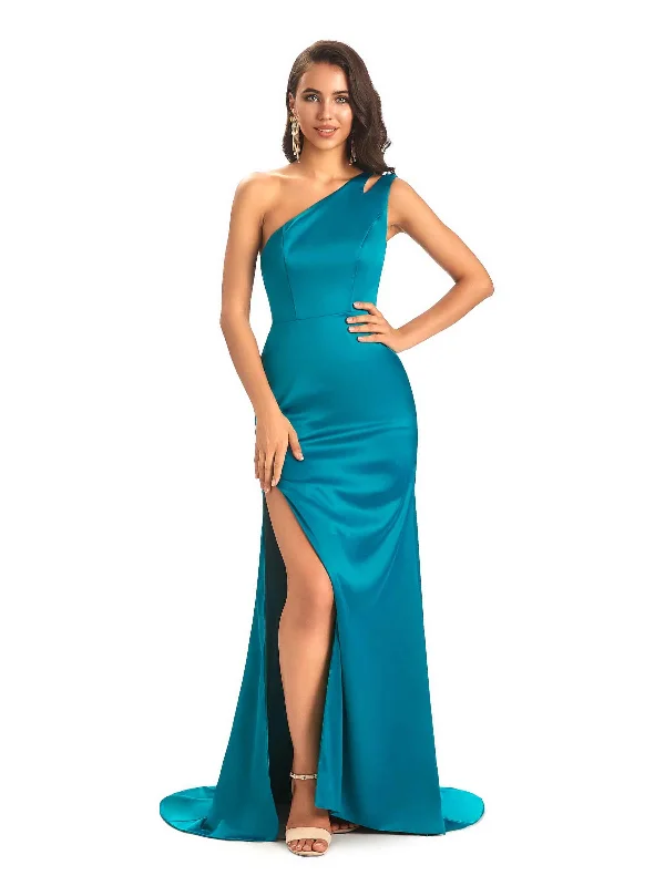 Sexy Soft Satin Side Slit One Shoulder Long Mermaid Bridesmaid Dresses Online