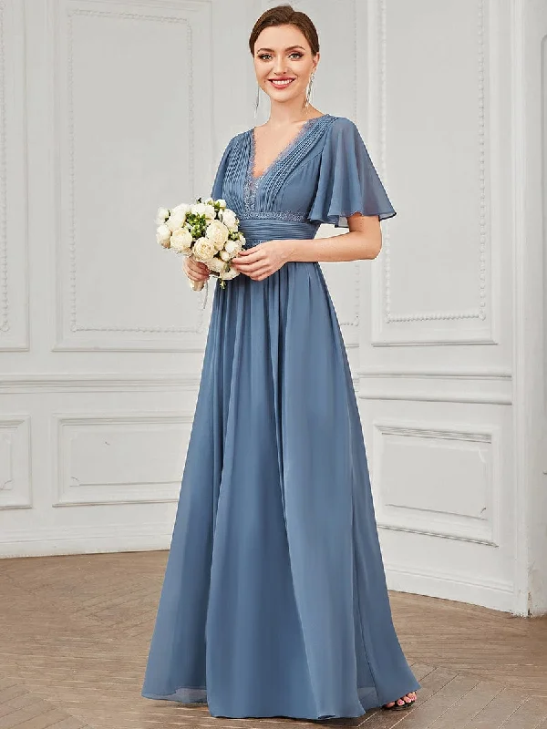 Lace A-Line Short Sleeve Chiffon Bridesmaid Dress