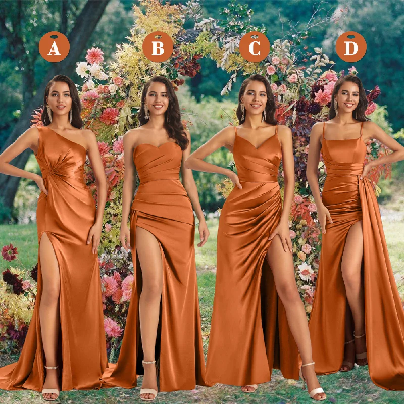 Mismatched Burnt Orange Sexy Mermaid Soft Satin Long Bridesmaid Dresses