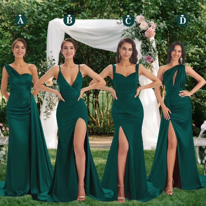 Mismatched Dark Green Sexy Side Slit Mermaid Soft Satin Long Bridesmaid Dresses Online