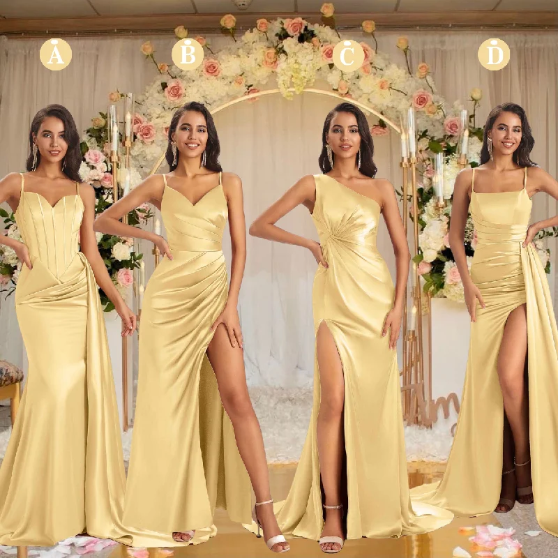 Mismatched Gold Sexy Side Slit Mermaid Soft Satin Long Bridesmaid Dresses Online