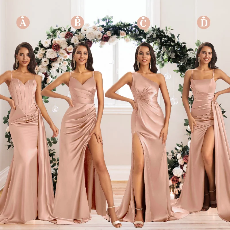 Mismatched Rose-Gold Sexy Side Slit Mermaid Soft Satin Long Bridesmaid Dresses Online