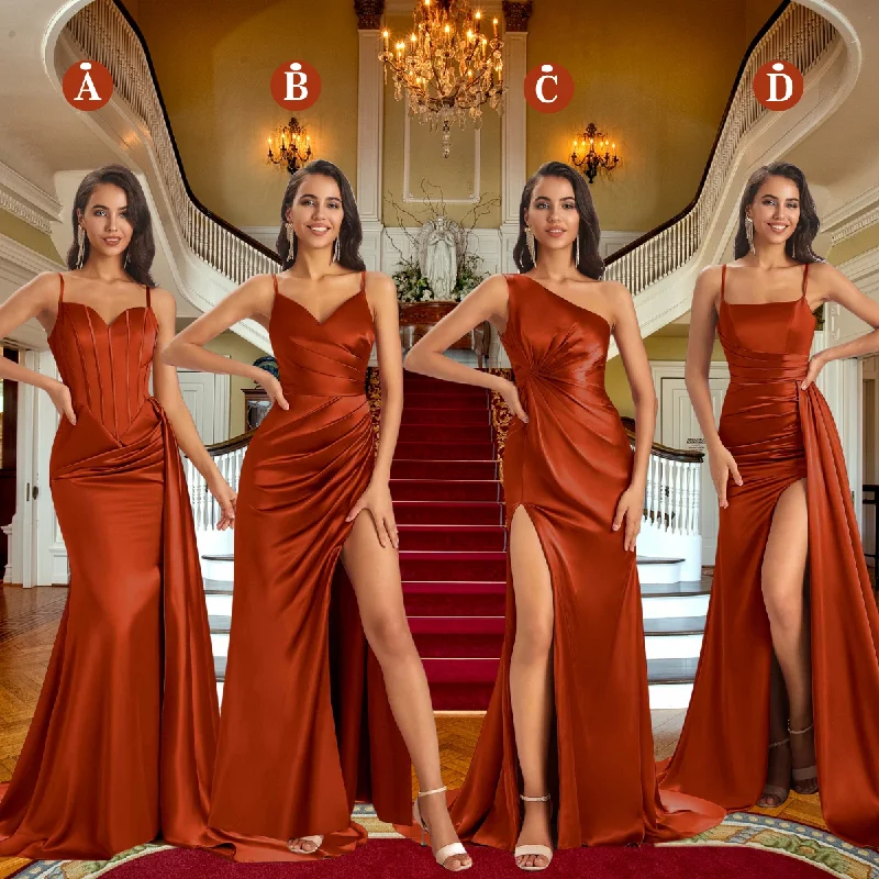 Mismatched Rust Sexy Side Slit Mermaid Soft Satin Long Bridesmaid Dresses Online