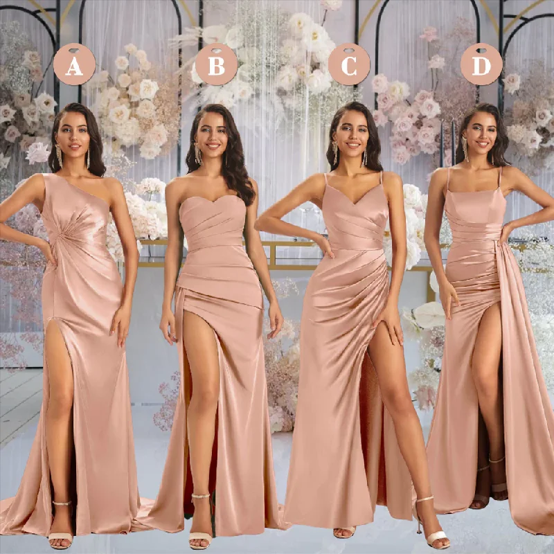 Mismatched Taupe Sexy Mermaid Soft Satin Long Bridesmaid Dresses With Slit