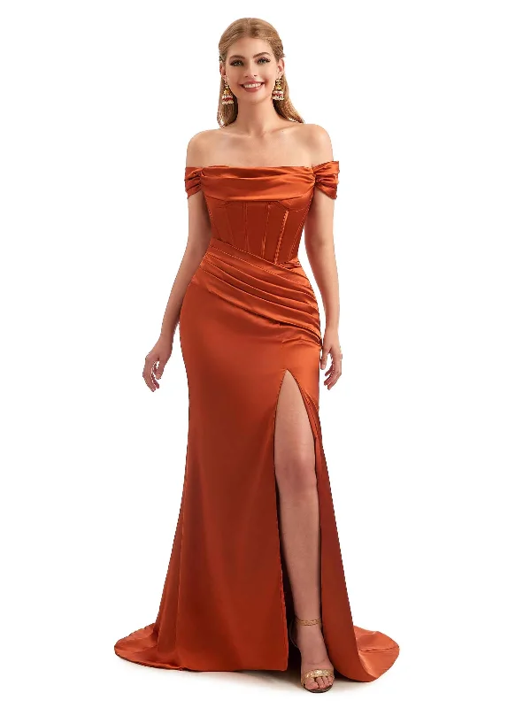 Off The Shoulder Mermaid Satin Unique Long Bridesmaid Dress Sexy Side Split