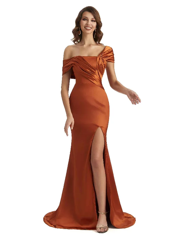 Asymmetrical Sexy Side Slit Mermaid Silky Satin Unique Long Bridesmaid Dress For Wedding