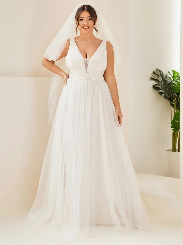 Plus Size Empire Waist Sleeveless Lace Sheer A-Line Wedding Dress