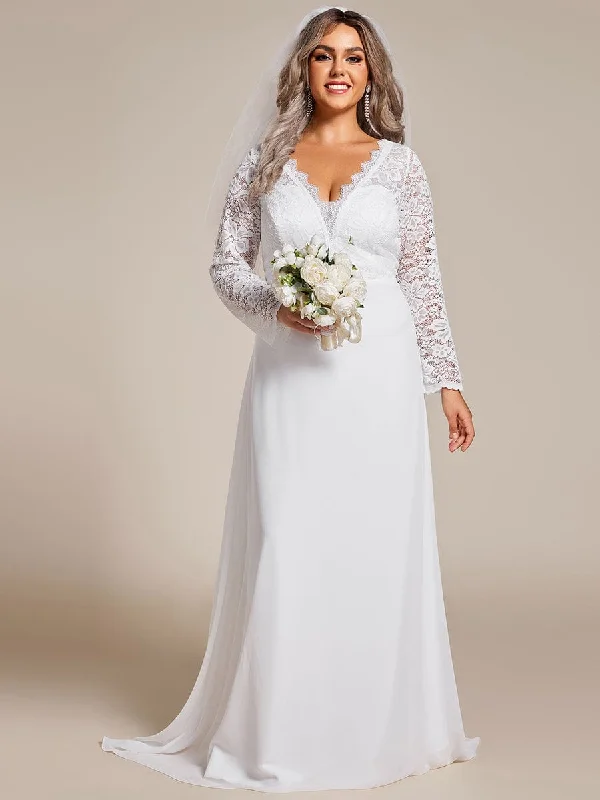 Plus Size Lace Long Sleeves Eyelash Edge Bodycon Mermaid Chiffon Wedding Dress