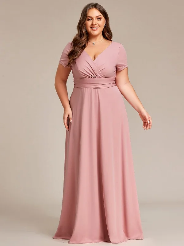 Plus Size Pleated V-Neck Short Sleeves Empire Waist A-Line Bridesmaid Dress