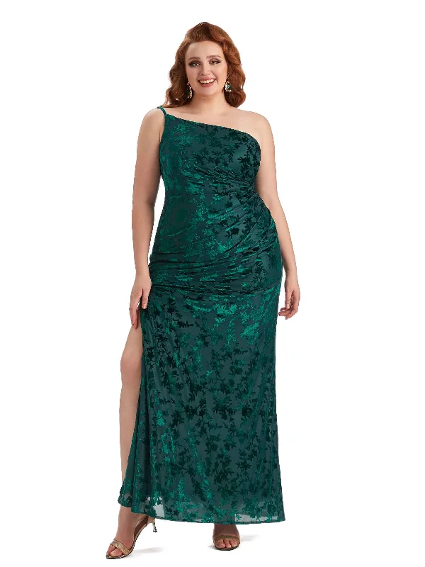 Plus Size Sexy Mermaid One Shoulder Side Slit Floral Velvet Long Bridesmaid Dresses