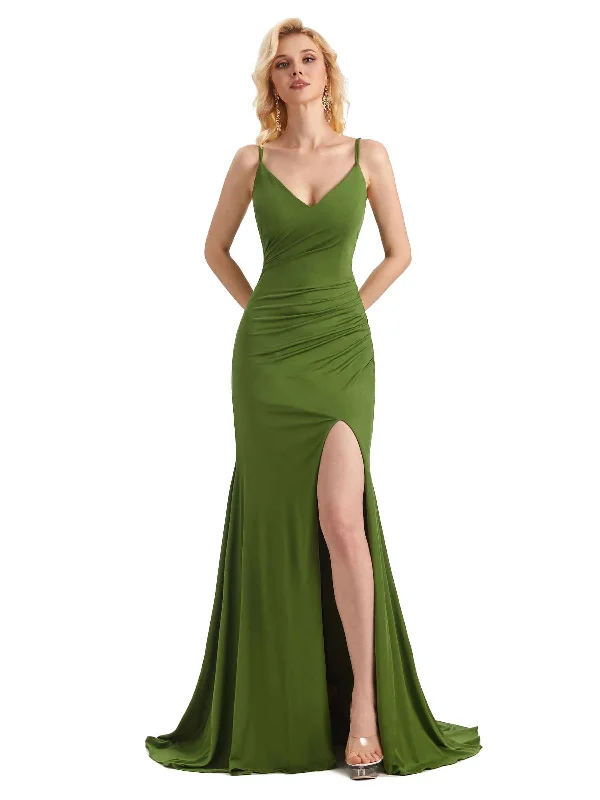 Sexy Mermaid Side Slit Stretchy Jersey Long Formal Bridesmaid Dresses Online