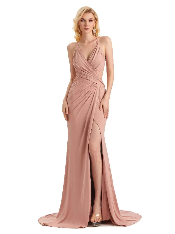 Sexy Mermaid Spaghetti Straps Side Slit Stretchy Jersey Long Formal Bridesmaid Dresses