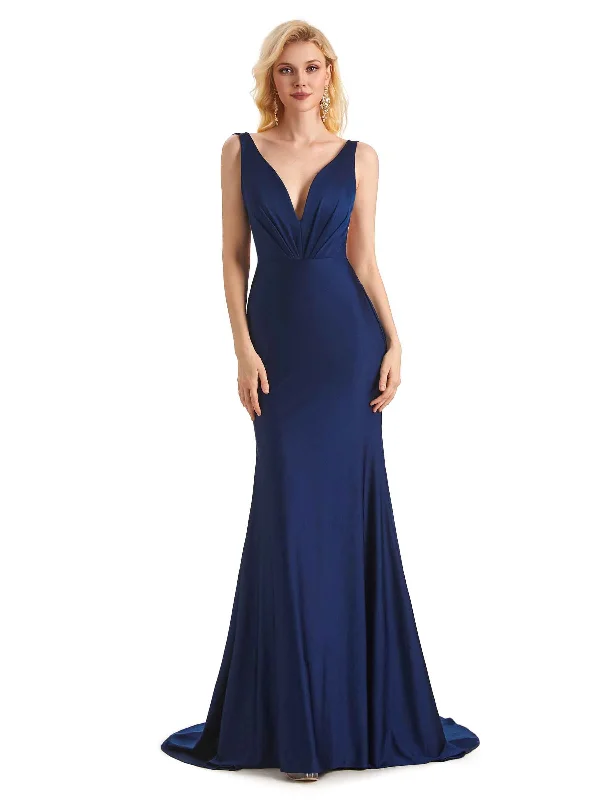 Sexy Backless Mermaid V-Neck Stretchy Jersey Long Formal Bridesmaid Dresses Online