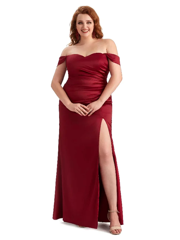 Plus Size Sexy Off The Shoulder Side Slit Mermaid Soft Satin Long Bridesmaid Dresses