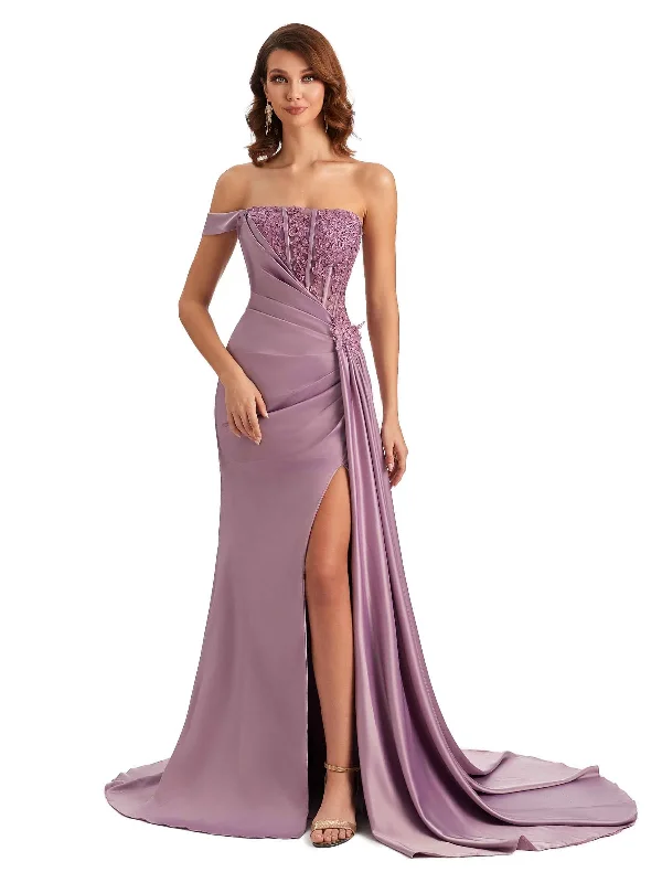 Sexy One Shoulder Lace Side Slit Mermaid Silky Satin Unique Long Bridesmaid Dresses For Wedding