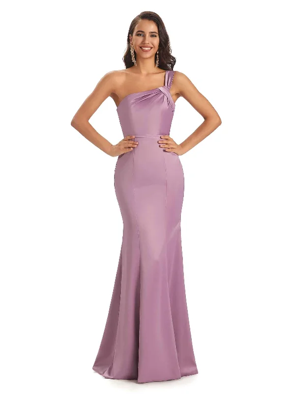 Sexy One shoulder Soft Satin Mermaid Floor Length Long Bridesmaid Dresses Online