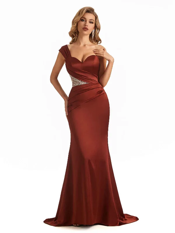 Sexy Soft Satin Lace One Shoulder Mermaid Bridesmaid Dresses Online