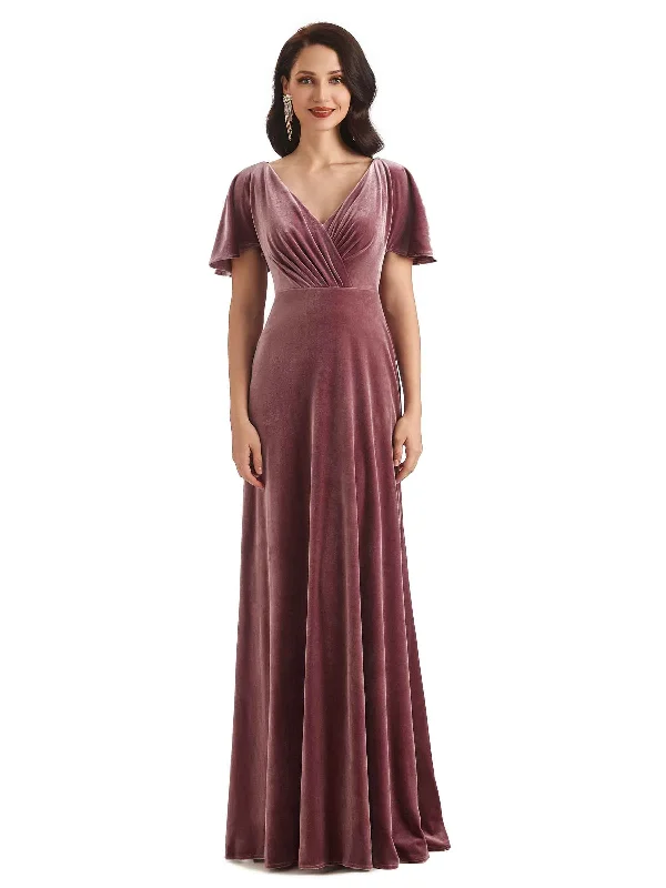 Sexy See Through V-neck Short Sleeves Velvet Long Bridesmaid Dresses Online