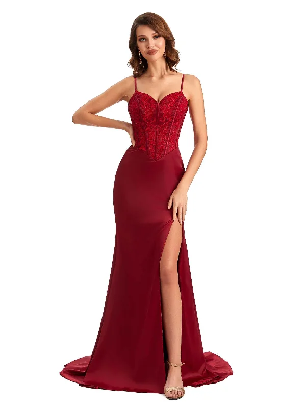 Sexy Side Slit Mermaid Silky Satin V-neck Lace Unique Long Bridesmaid Dresses Online