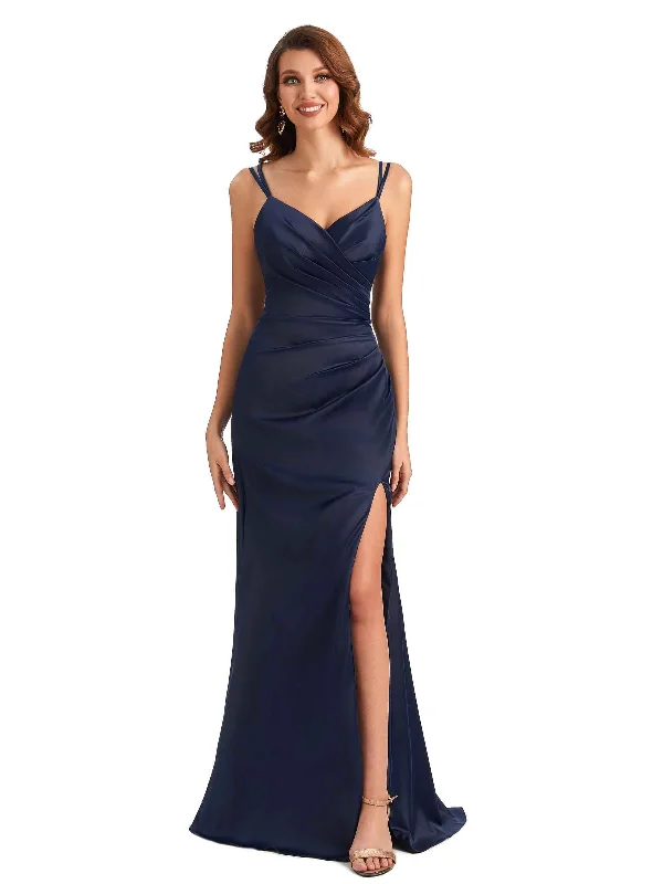 Sexy Side Slit Mermaid Silky Satin Spaghetti Straps Unique Long Satin Dress For Wedding