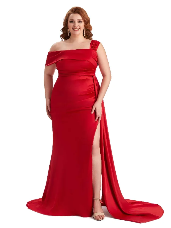 Plus Size Sexy Side Slit One Shoulder Mermaid Soft Satin Long Matron of Honor Dresses