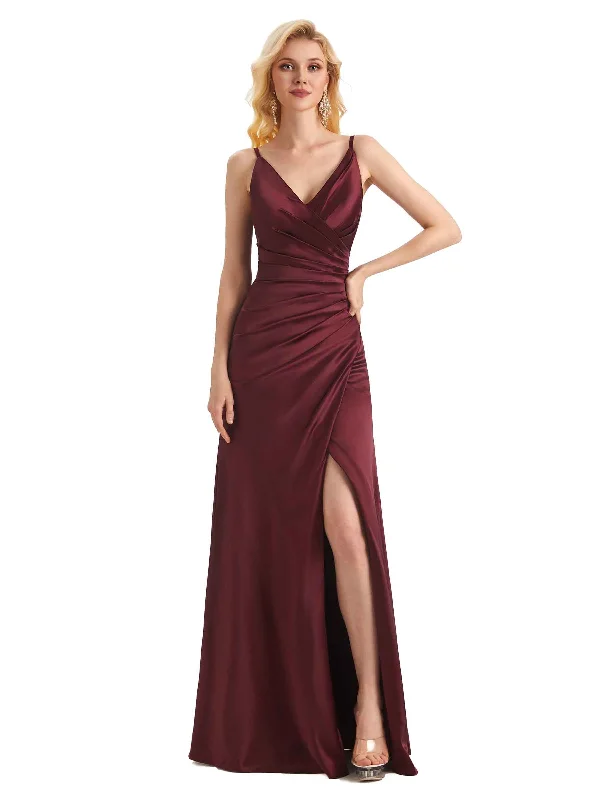 Sexy Side Slit Soft Satin Formal Long Wedding Guest Dresses Online