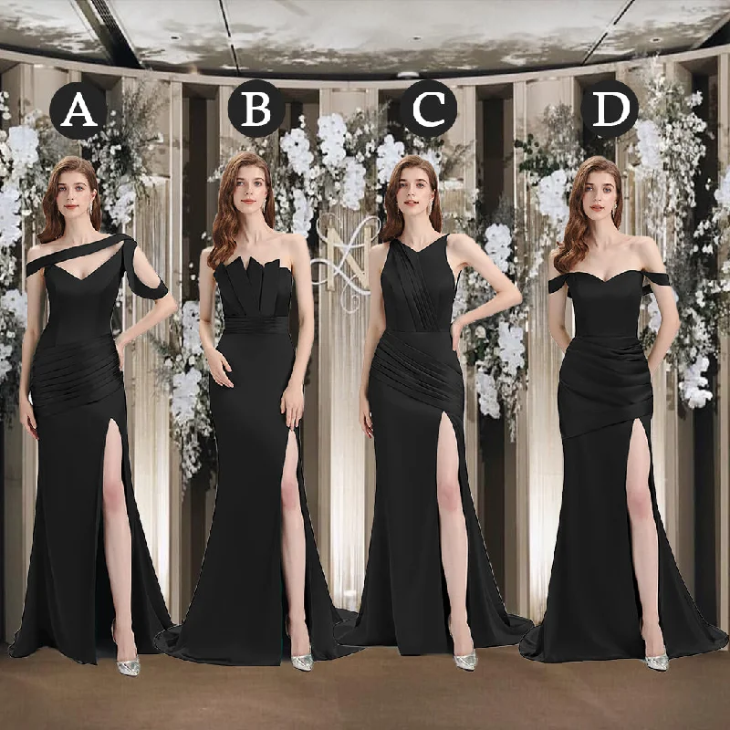 Sexy Mismatched Side Slit Soft Satin Long Mermaid Black Bridesmaid Dresses