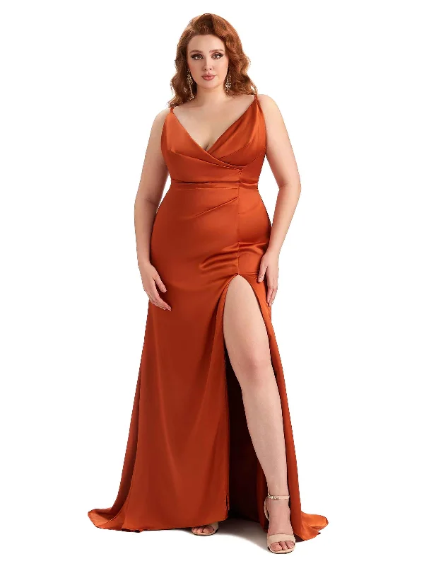 Plus Size Sexy Side Slit Spaghetti Straps Mermaid Soft Satin Fashion Bridesmaid Dresses