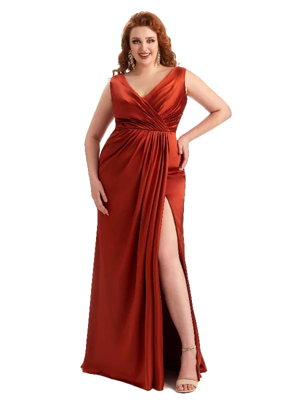 Plus Size Sexy Side Slit V-Neck A-line Soft Satin Long Wedding Party Dresses