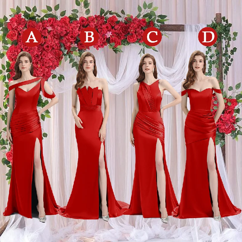 Sexy Soft Satin Mismatched Red Mermaid Long Bridesmaid Dresses Online, Red Maid of Honor Dresses