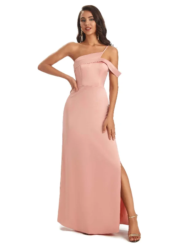 Sexy Soft Satin Side Slit One Shoulder Unique Long Bridesmaid Dresses Online