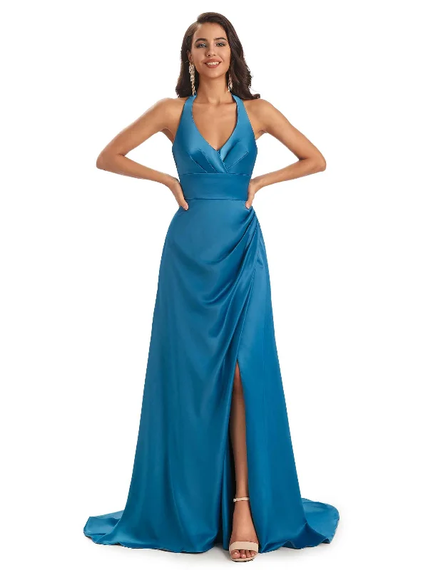 Sexy Soft Satin Side Slit Halter Floor-Length Long Bridesmaid Dresses Online